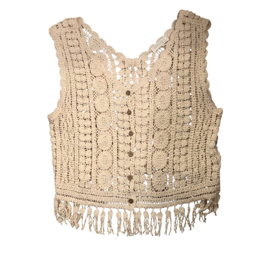 Ivory Crochet Top with Button-Up Front & Crochet Fringe Details Size M